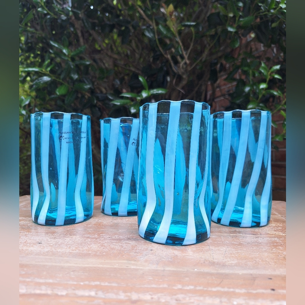 Murano Glass Cups Tumblers Drinking Glasses TEAL Gift Set 4 Made in Italy - Picture 10 of 13